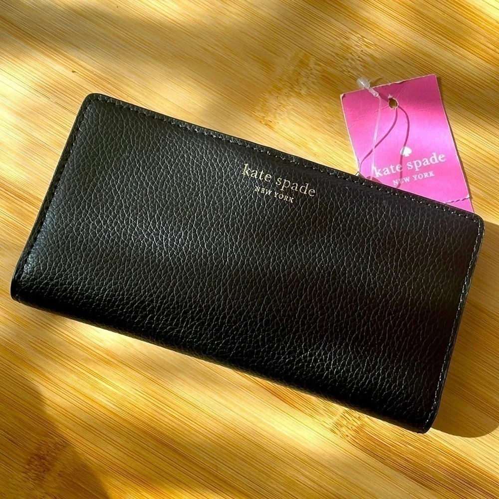 Brand New Kate Spade Genuine Leather Large Slim Bifold Black Wallet